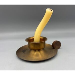 Vtg Brass Candlestick Holder with Wood‎ Handle Antique Decor